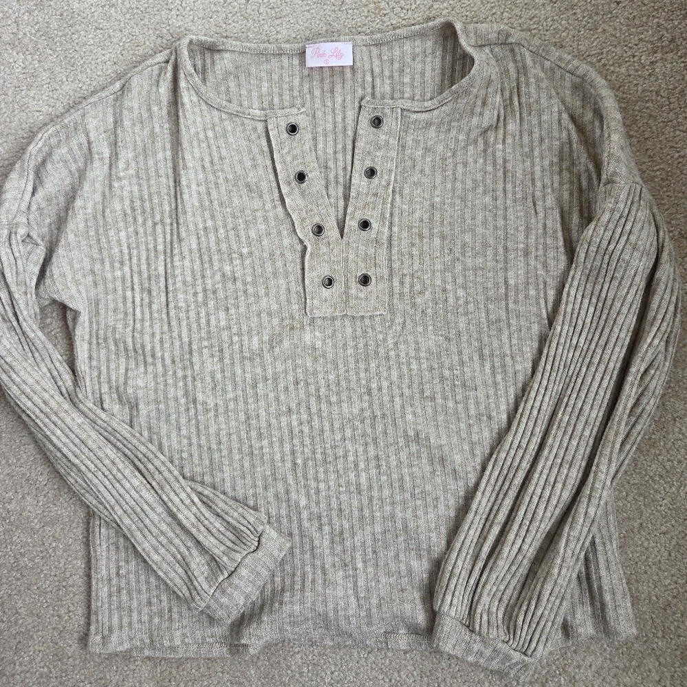 Pink Lily Taupe Ribbed Blouse